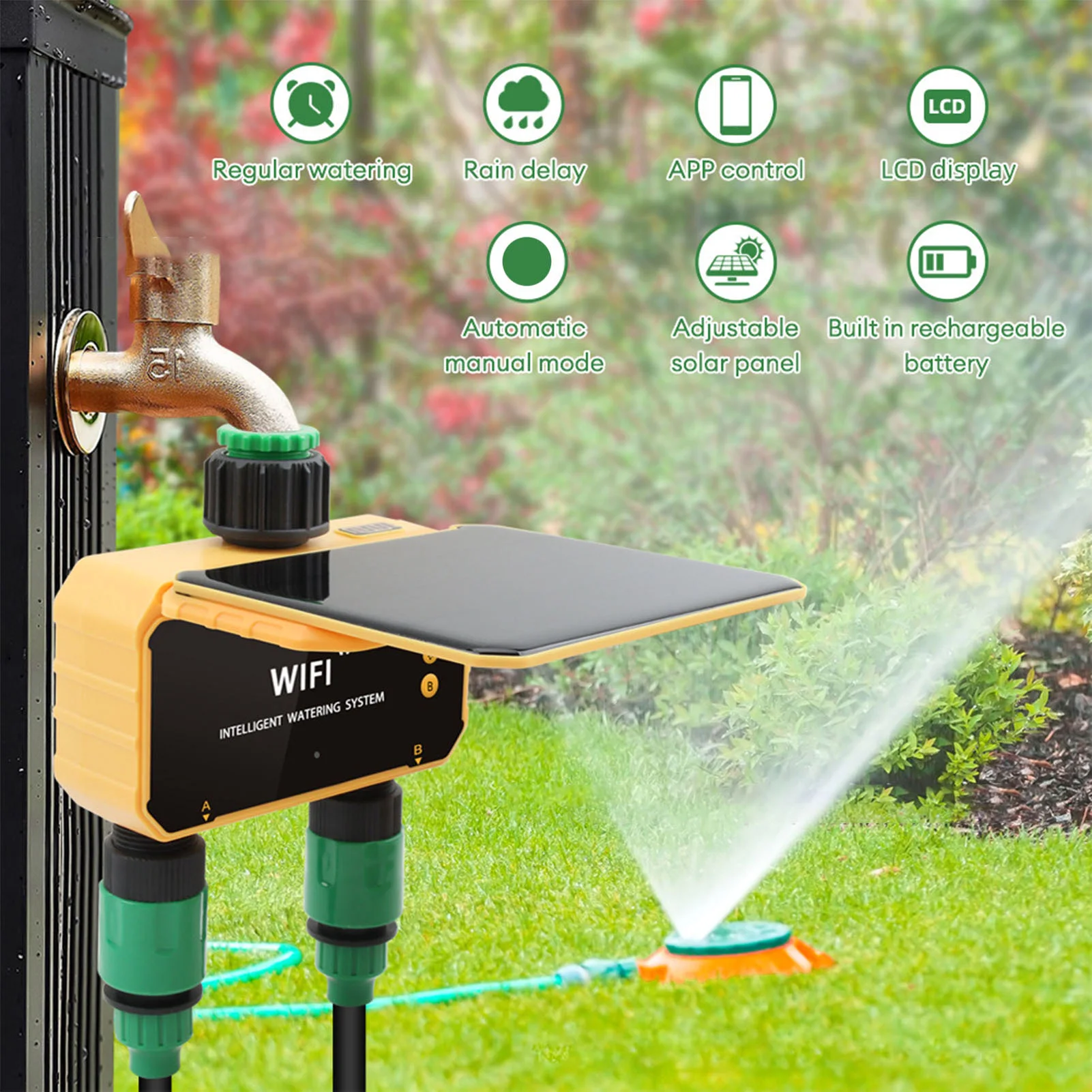 Smart Garden Sprinkler - Solarbetriebener WLAN-Smart-Bewässerungstimer mit Regensensorfunktion, App-Steuerung, 2
